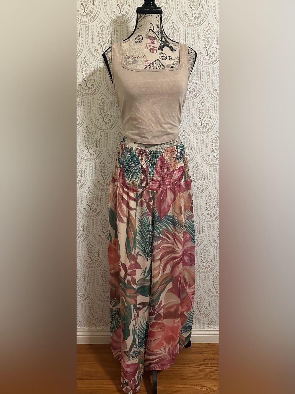 white birch Floral Wide-Leg Smocked Waist Pants - Pink, Green, Cream